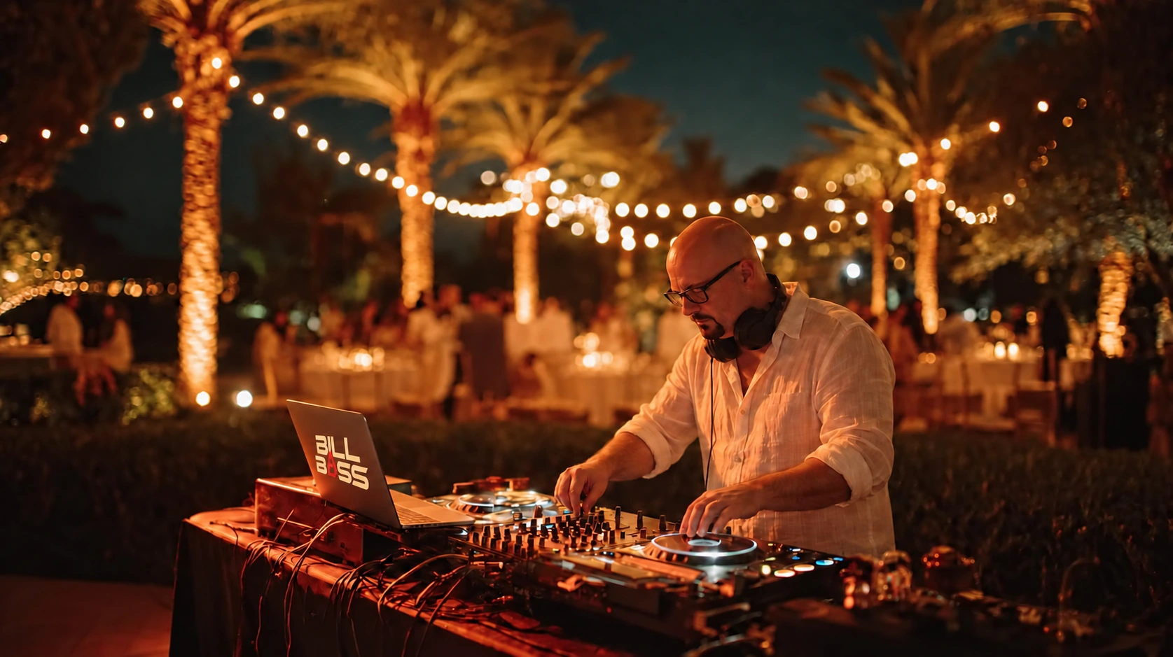 Bill Bass mixing behind the decks in a white linen shirt beneath palms and warm bistro lights