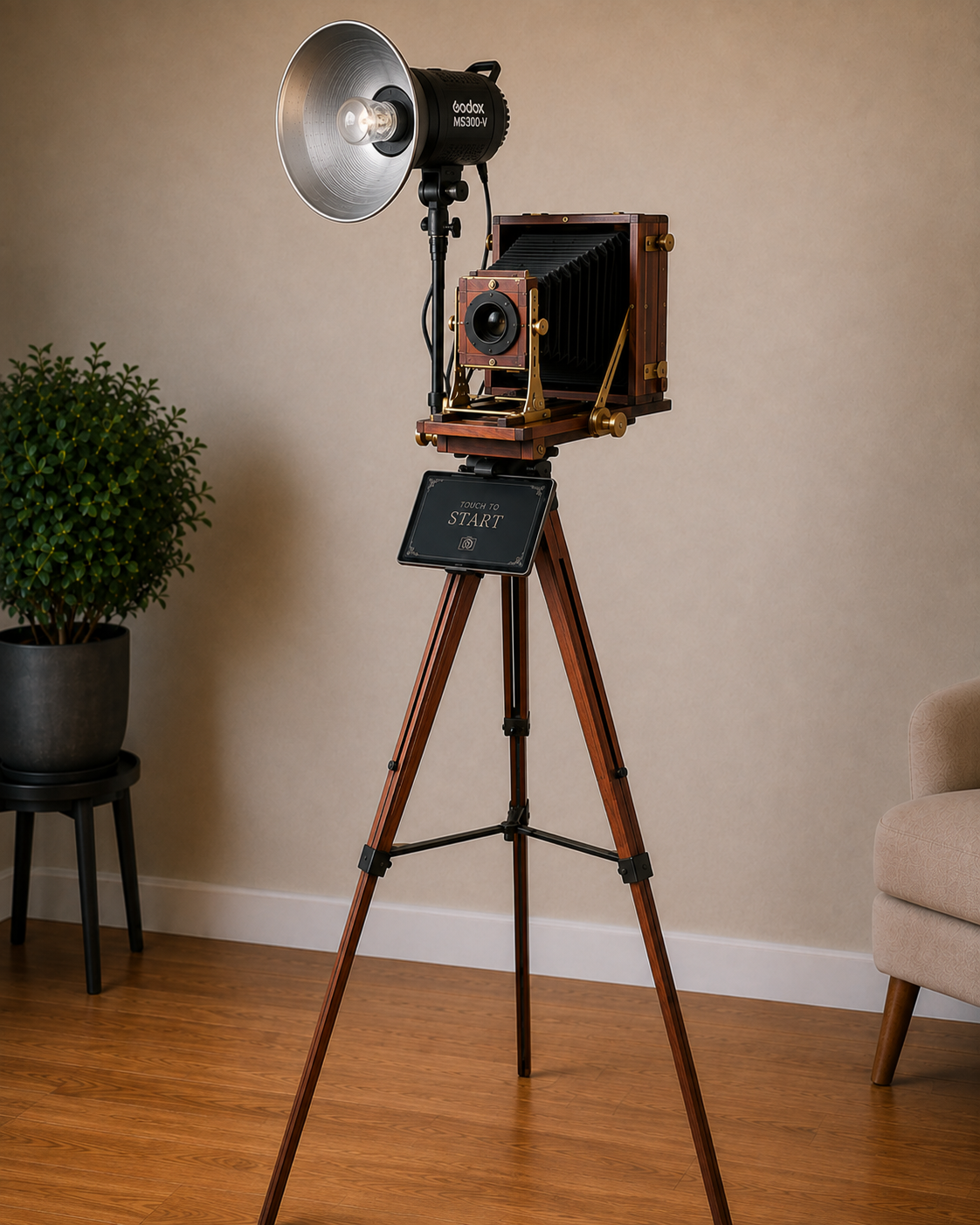 Vintage wooden camera photo booth, including the flash, Touch to Start screen and full tripod stand