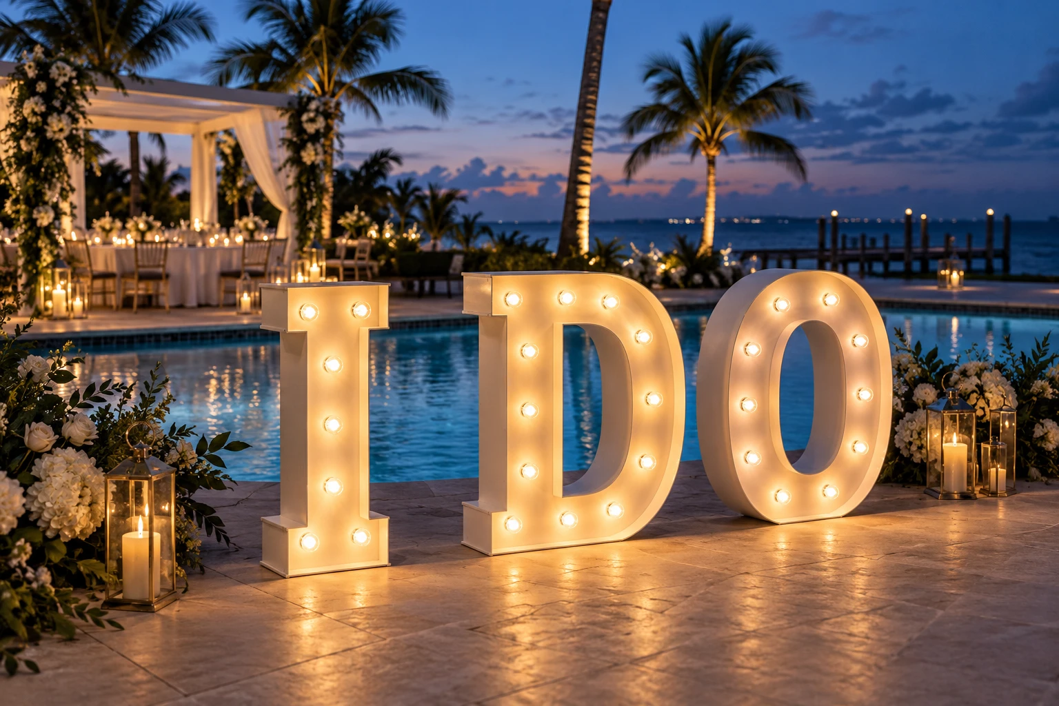 Warm illuminated I DO letters at an elegant poolside wedding
