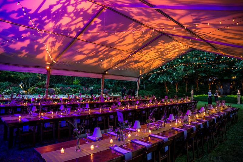 Purple and amber patterned light across a reception tent