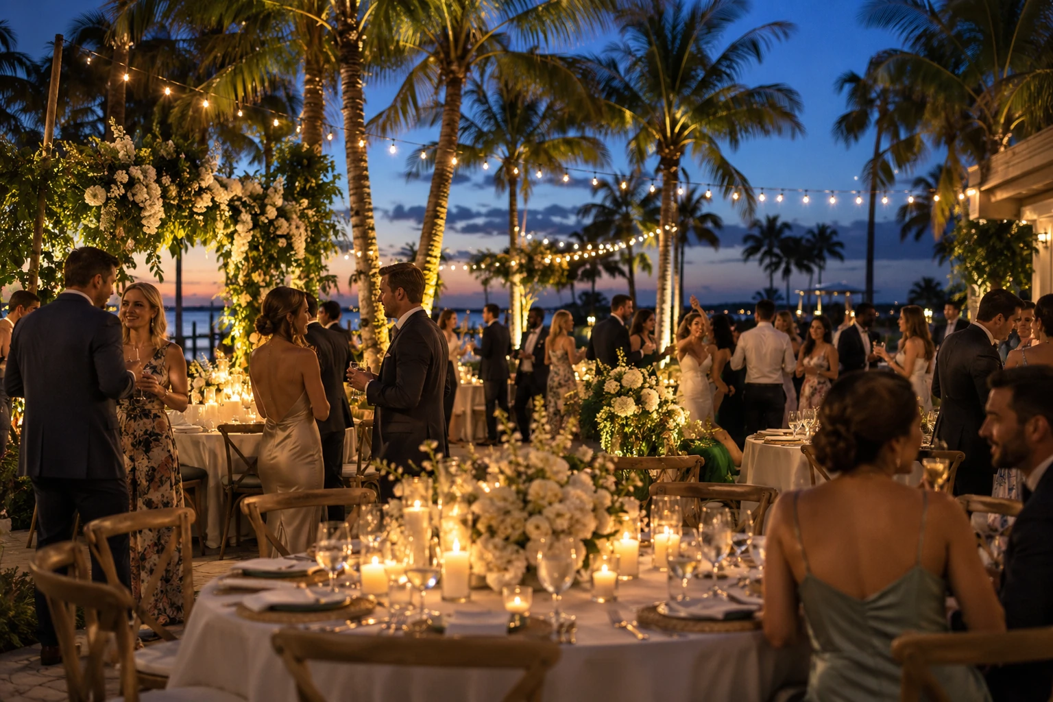A warmly lit outdoor reception setting at twilight